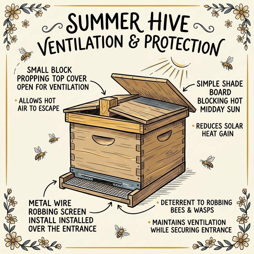 Infographic showing proper hive ventilation and airflow paths during summer