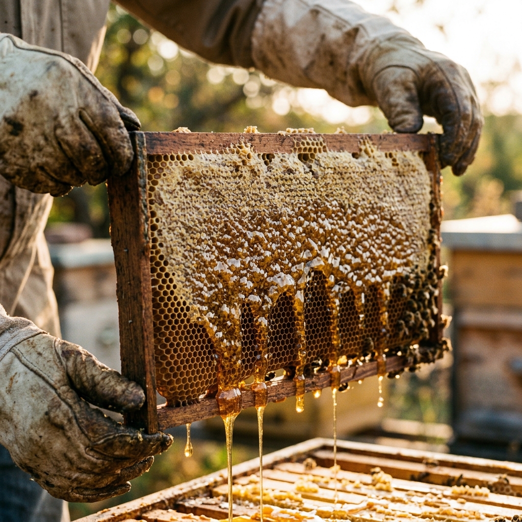 Clear amber wildflower honey flowing down during harvest extraction