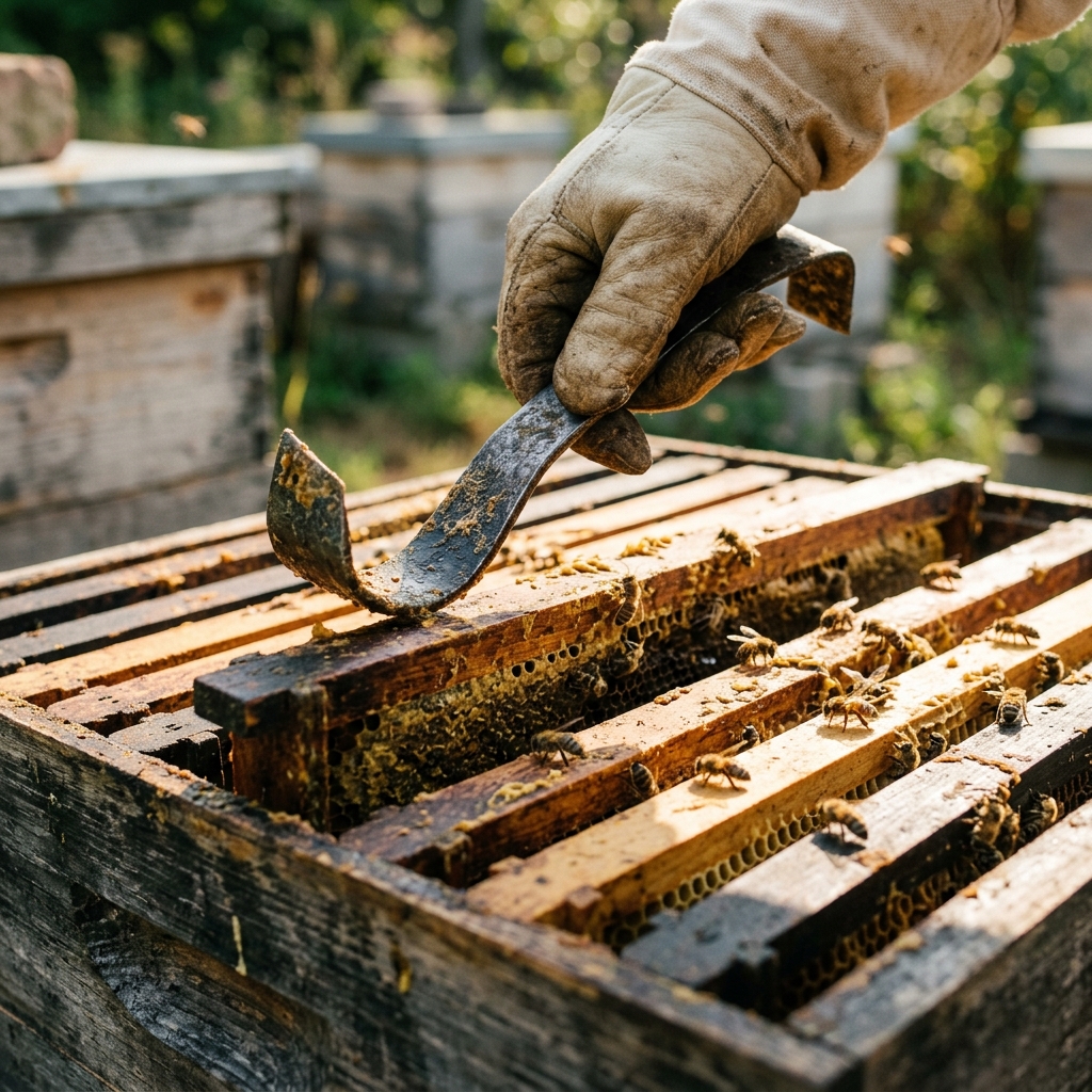 A beekeeper using a J-hook tool to gently pry a stuck frame inside a hive box