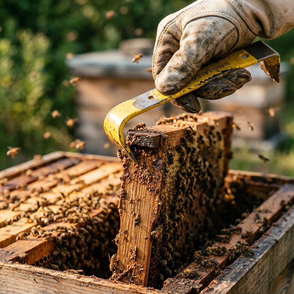 Lifting a frame lug safely using a J-hook hive tool