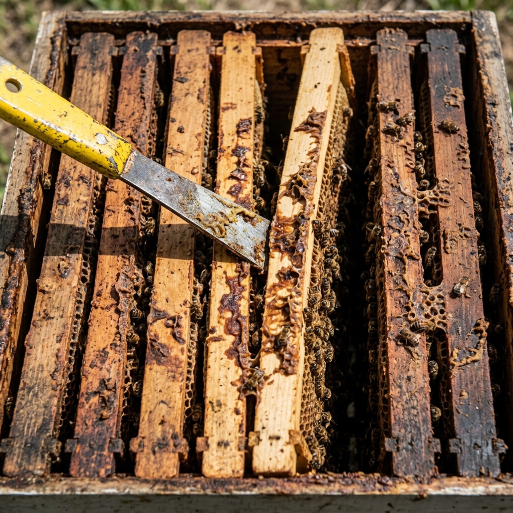 Using a flat hive tool to pry open sticky box joints